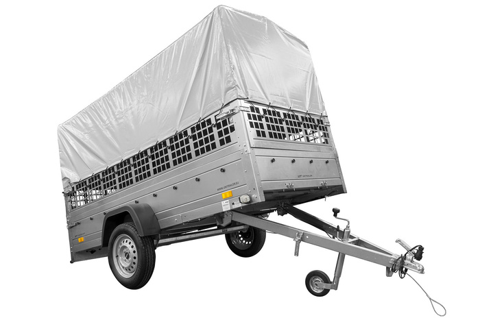 RIMORCHIO TRASPORTO COSE RIMORCHIO LEGGERO 750 KG UNITRAILER GARDEN TRAILER 264 KIPP CON SOVRASPONDE A RETE RUOTINO CENTINA E TELO GRIGIO