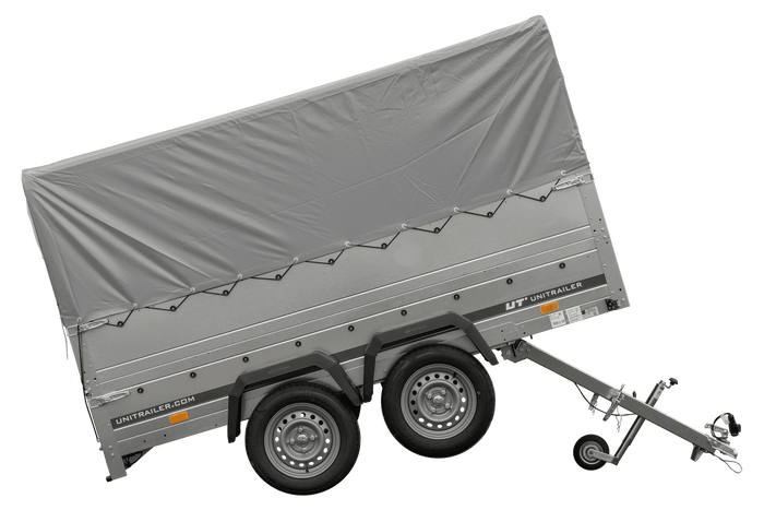 Rimorchio per auto a 2 assi UNITRAILER GARDEN TRAILER 264/2 KIPP con ruota di supporto, sponde bis, telaio h-800 e telo grigio