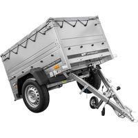 Rimorchio da giardino Unitrailer Garden Trailer 150 KIPP (nuovo) con ruotino sovrasponde e centina H0 con telo grigio