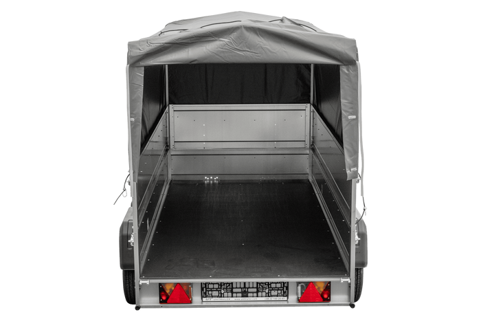 Rimorchio per auto a 2 assi UNITRAILER GARDEN TRAILER 264/2 KIPP con ruota di supporto, sponde bis, telaio h-800 e telo grigio