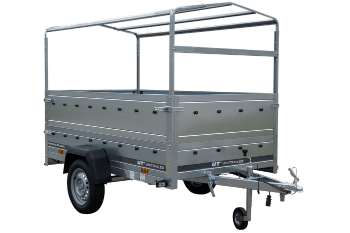 Rimorchio per auto 230x125 UNITRAILER GARDEN 230 KIPP con sponde BIS, telaio H-800 e copertura grigia