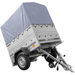 RIMORCHIO CARRELLO TRASPORTO COSE RIMORCHIO LEGGERO 750 KG UNITRAILER GARDEN TRAILER 150 KIPP CON SOVRASPONDE RUOTINO CENTINA E TELO GRIGIO