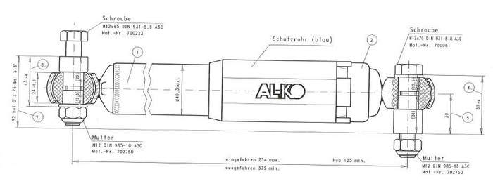 Kit: Due ammortizzatori azzurri dell'asse del rimorchio AL-KO Octagon 1350 -2700 kg 