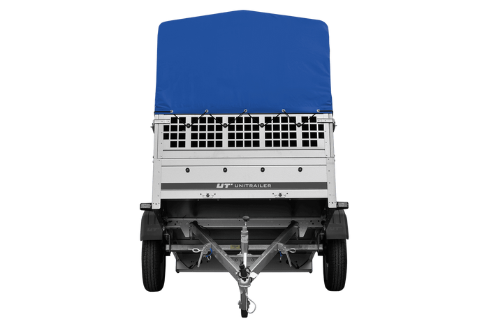 Rimorchio per auto 200x125 UNITRAILER GARDEN 201 KIPP con sponde in rete, telaio H-800 e telone grigio