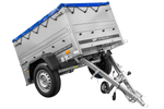 Rimorchio carrello leggero senza freni trasporto cose 750 kg Unitrailer Garden Trailer 150 kipp (new) con ruotino sovrasponde e telo blu