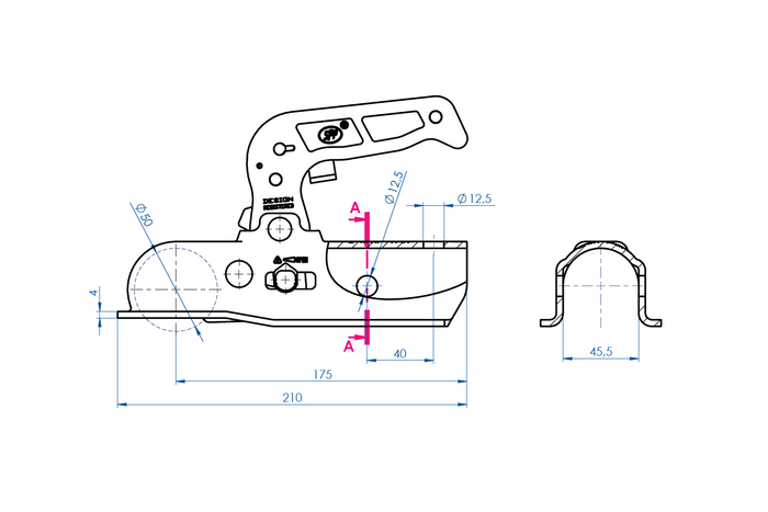 Gancio a sfera STEELPRESS BC-1700A per rimorchio da 1700 kg con timone tubolare da 45 mm