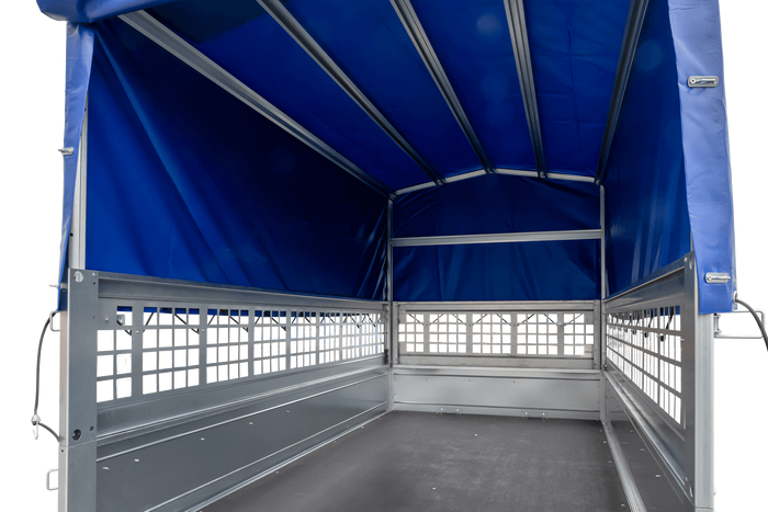 Rimorchio monoasse 230x125 UNITRAILER GARDEN 230 KIPP con sponde in rete, telaio H-800 e telone blu