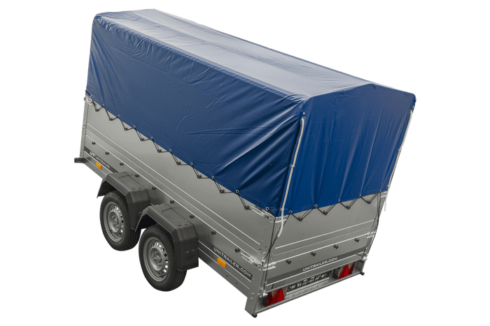 Rimorchio per auto a due assi UNITRAILER GARDEN TRAILER 264/2 KIPP CON RUOTA DI SOSTEGNO, FIANCHI BIS, TELAIO H-800 E COPERTURA BLU