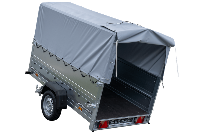 Rimorchio per auto 230x125 UNITRAILER GARDEN 230 KIPP con sponde BIS, telaio H-800 e copertura grigia