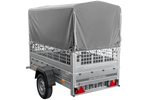Rimorchio per auto 200x106 UNITRAILER GARDEN 200 KIPP con sponde in rete, telaio H-800 e copertura grigia