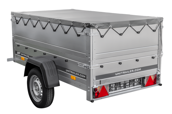 Rimorchio carrello leggero senza freni trasporto cose 750 kg Unitrailer Garden Trailer 200 kipp (new) con ruotino sovrasponde e telo grigio