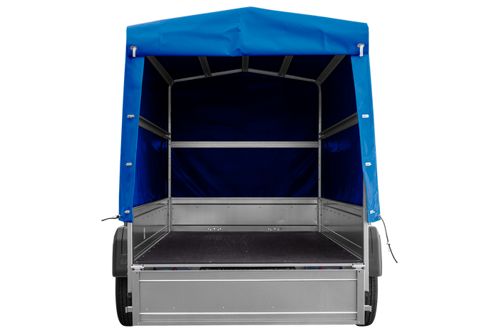 Przyczepka dwuosiowa 264x125 UNITRAILER GARDEN 264/2 KIPP ze stelażem H-1100 i plandeką niebieską