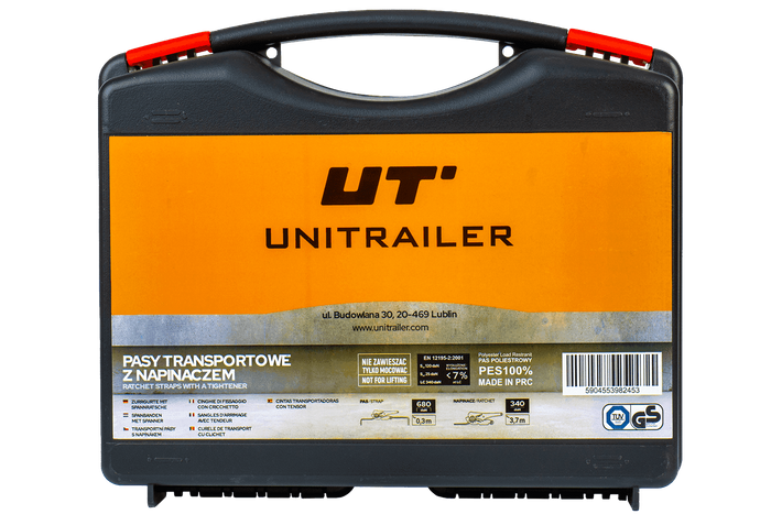 Set di quattro cinghie di trasporto UNITRAILER arancioni da 4 m/25 mm/0,68 t con tenditore, in valigetta.