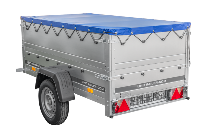 Nuovo rimorchio per auto GARDEN TRAILER 200 KIPP con ruotino d'appoggio, sovrasponde e telo piatto blu