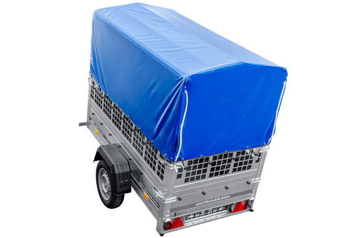 Rimorchio leggero 200x106 UNITRAILER GARDEN 200 KIPP con sponde in rete, telaio H-800 e telo di copertura blu