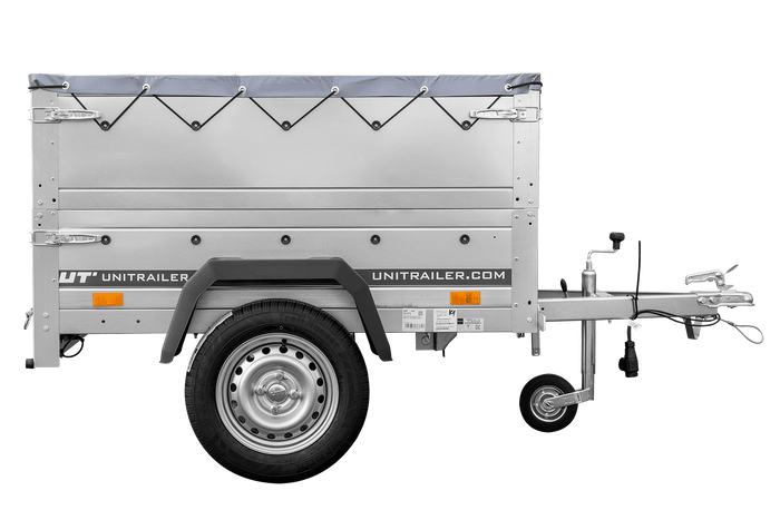 Rimorchio da giardino Unitrailer Garden Trailer 150 KIPP (nuovo) con ruotino sovrasponde e centina H0 con telo grigio