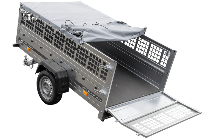 Rimorchio monoasse 230x125 UNITRAILER GARDEN 230 KIPP con sponde in rete, telaio H-0 e copertura grigia