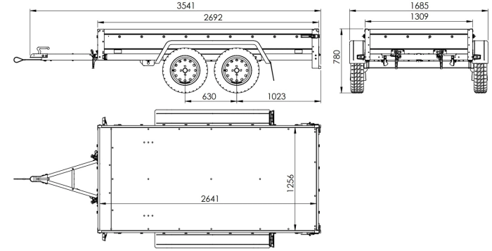Rimorchio a due assi 264x125 UNITRAILER GARDEN 264/2 KIPP con telaio H-1100 e telone blu