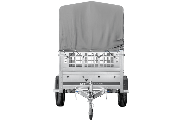 Rimorchio per auto 200x106 UNITRAILER GARDEN 200 KIPP con sponde in rete, telaio H-800 e copertura grigia
