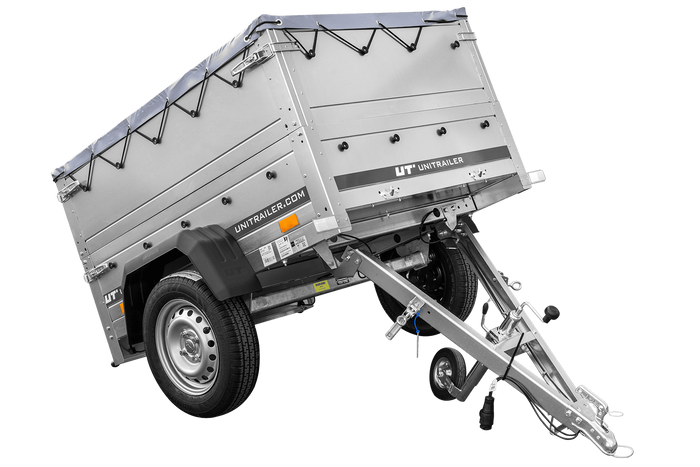 Rimorchio da giardino Unitrailer Garden Trailer 150 KIPP (nuovo) con ruotino sovrasponde e centina H0 con telo grigio