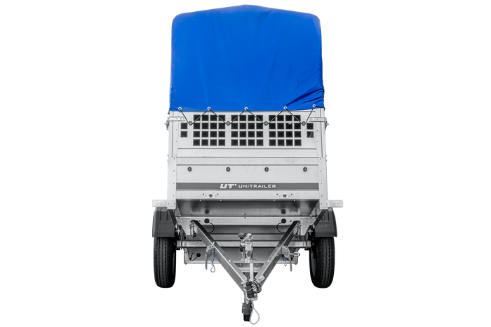 Rimorchio leggero 200x106 UNITRAILER GARDEN 200 KIPP con sponde in rete, telaio H-800 e telo di copertura blu