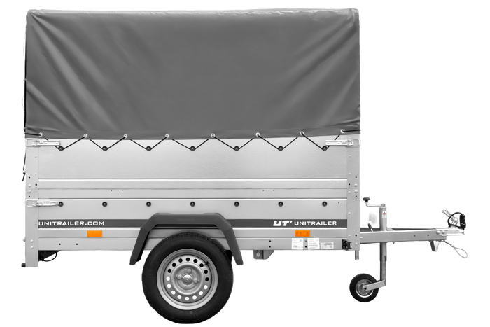 Rimorchio per auto 200x125 UNITRAILER GARDEN 201 KIPP con sponde BIS, telaio H-800 e telo di copertura grigio