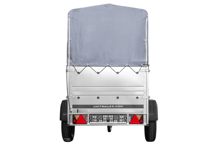 Rimorchio monoasse 150x106 UNITRAILER GARDEN 150 KIPP con sponde BIS, telaio H-800 e copertura grigia