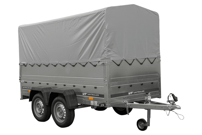 Rimorchio per auto a 2 assi UNITRAILER GARDEN TRAILER 264/2 KIPP con ruota di supporto, sponde bis, telaio h-800 e telo grigio