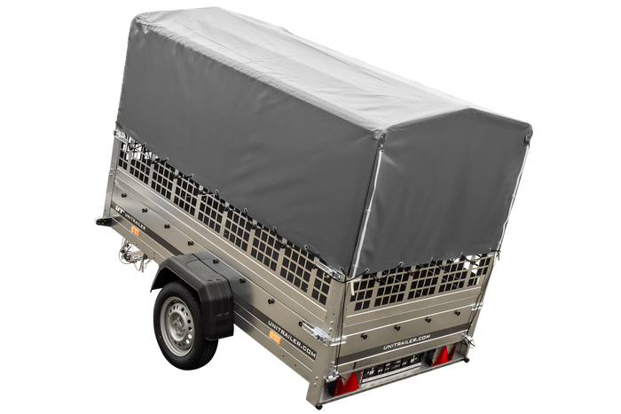 Rimorchio per auto 230x125 UNITRAILER GARDEN 230 KIPP con sponde in rete, telaio H-800 e copertura grigia