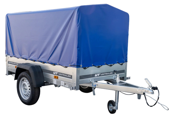 Rimorchio auto leggero 200 x 106 con ruota di supporto, telone blu e centina PTT 750 KG Garden Trailer 200 KIPP