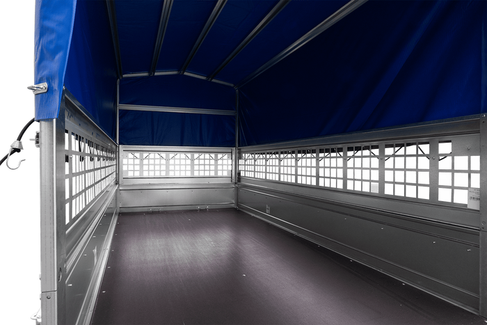 RIMORCHIO DA GIARDINO 264 KIPP CON RUOTA DI SOSTEGNO, SPONDE IN RETE, TELAIO H-800 E COPERTURA BLU