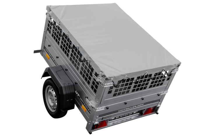 Rimorchio per auto 150x106 UNITRAILER GARDEN 150 KIPP con lati in rete e copertura grigia