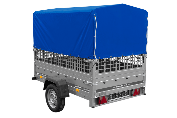 Rimorchio per auto 200x125 UNITRAILER GARDEN 201 KIPP con sponde in rete, telaio H-800 e telone grigio