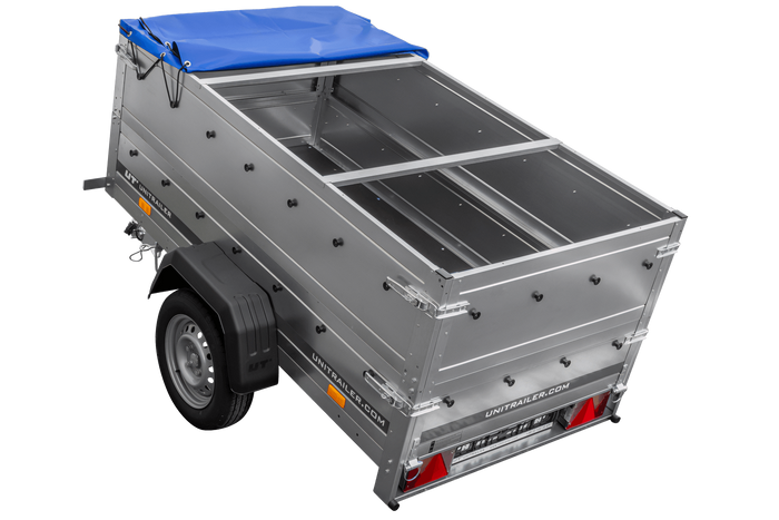 Rimorchio per auto 200x106 UNITRAILER GARDEN 200 KIPP con sponde BIS, telaio H-0 e copertura blu