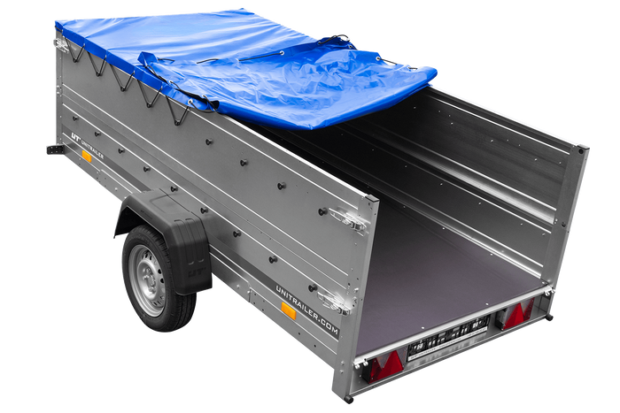 Rimorchio a un asse Unitrailer GARDEN TRAILER 264 KIPP con sponde BIS e telone piatto blu