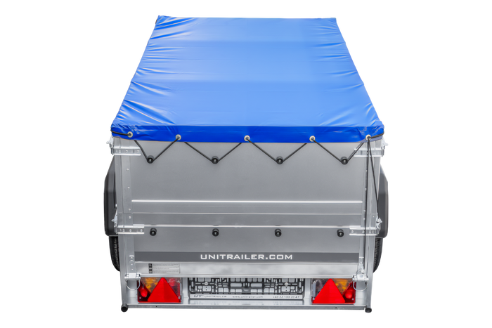 Nuovo rimorchio per auto GARDEN TRAILER 200 KIPP con ruotino d'appoggio, sovrasponde e telo piatto blu