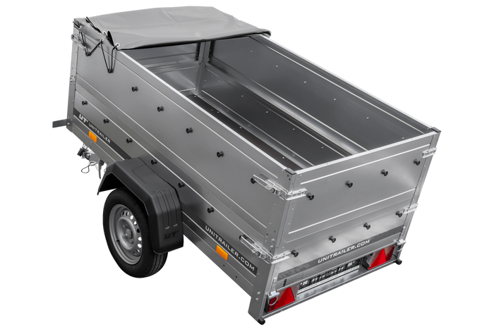 Rimorchio carrello leggero senza freni trasporto cose 750 kg Unitrailer Garden Trailer 200 kipp (new) con ruotino sovrasponde e telo grigio