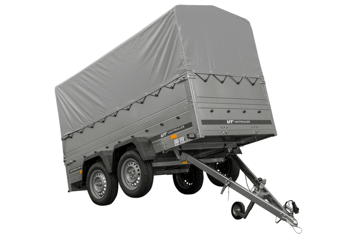 Rimorchio per auto a 2 assi UNITRAILER GARDEN TRAILER 264/2 KIPP con ruota di supporto, sponde bis, telaio h-800 e telo grigio