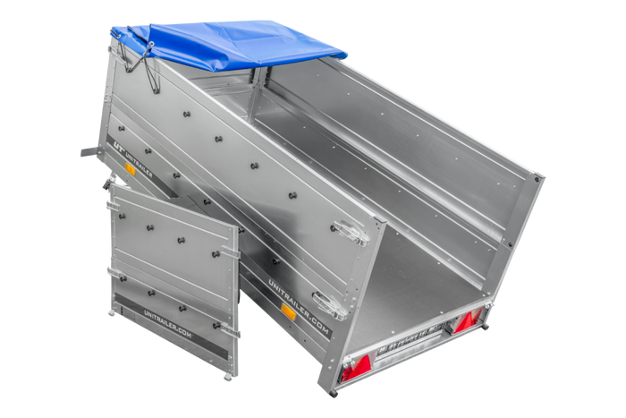 Nuovo rimorchio per auto GARDEN TRAILER 200 KIPP con ruotino d'appoggio, sovrasponde e telo piatto blu