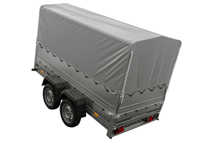 Rimorchio per auto a 2 assi UNITRAILER GARDEN TRAILER 264/2 KIPP con ruota di supporto, sponde bis, telaio h-800 e telo grigio