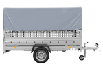 RIMORCHIO TRASPORTO COSE RIMORCHIO LEGGERO 750 KG UNITRAILER GARDEN TRAILER 264 KIPP CON SOVRASPONDE A RETE RUOTINO CENTINA E TELO GRIGIO