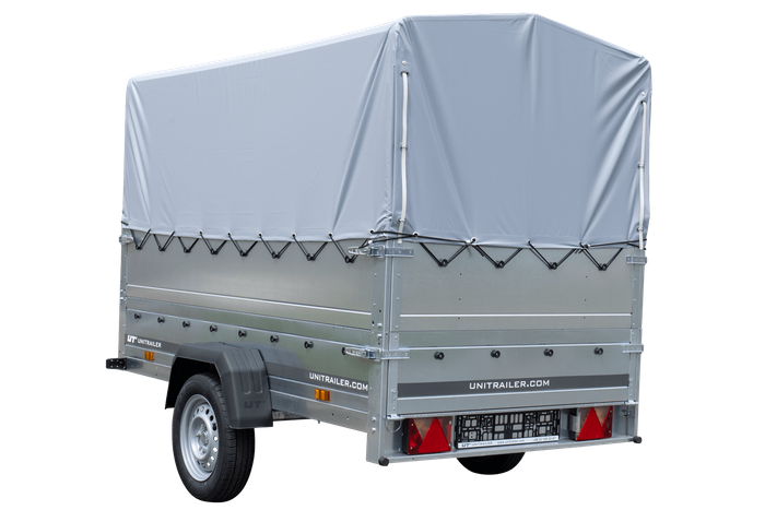 Rimorchio per auto 230x125 UNITRAILER GARDEN 230 KIPP con sponde BIS, telaio H-800 e copertura grigia