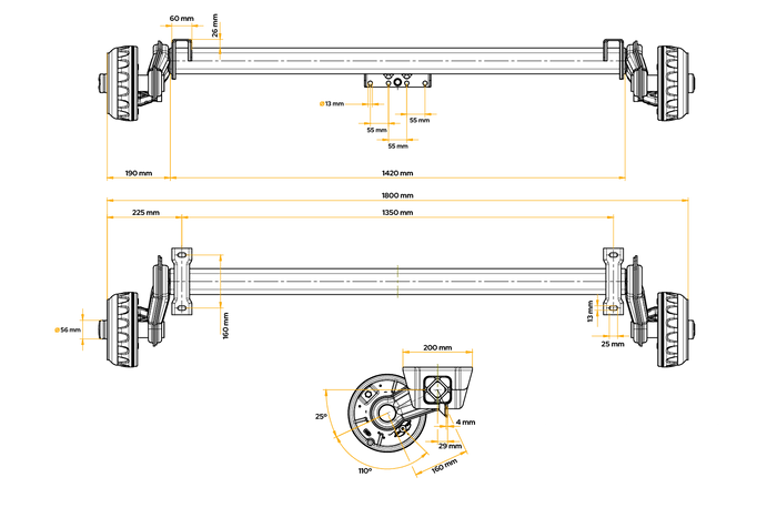 Assale frenato KNOTT VGB13 per rimorchio/porta auto 1350 kg 1350 mm 1800 mm 5x112