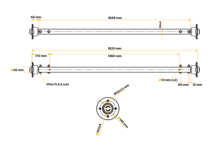 Assale rigido senza freni KNOTT VR7 con molla per rimorchio 750kg 1480mm 1820mm 4x100