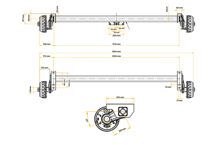 Assale frenato KNOTT VGB13M per rimorchio/porta auto 1350 kg 1200 mm 1550 mm 5x112