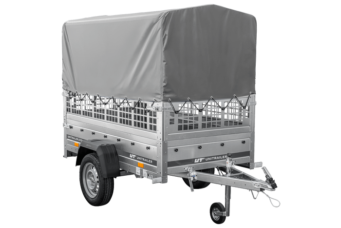 Rimorchio per auto 200x106 UNITRAILER GARDEN 200 KIPP con sponde in rete, telaio H-800 e copertura grigia