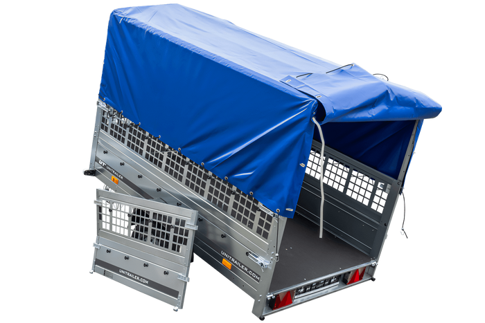 Rimorchio monoasse 230x125 UNITRAILER GARDEN 230 KIPP con sponde in rete, telaio H-800 e telone blu