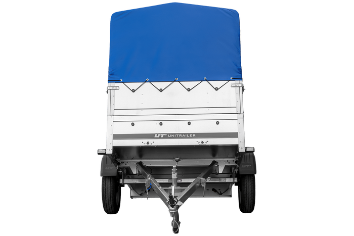 Rimorchio monoasse 200x125 UNITRAILER GARDEN 201 KIPP con sponde BIS, telaio H-800 e telo di copertura blu