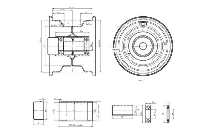 Cerchio in acciaio UNITRAILER 4.5Ax6"H2 3x96 con cuscinetti 6205-2RS