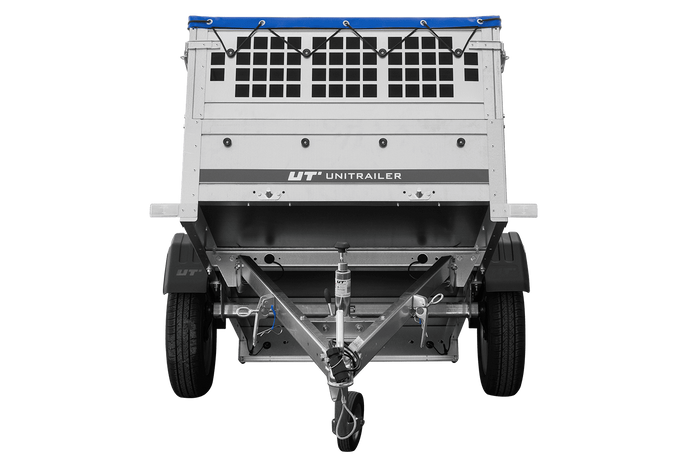 RIMORCHIO DA GIARDINO 200 KIPP CON RUOTA DI APPOGGIO, FIANCHI IN RETE E TELO PIATTO BLU